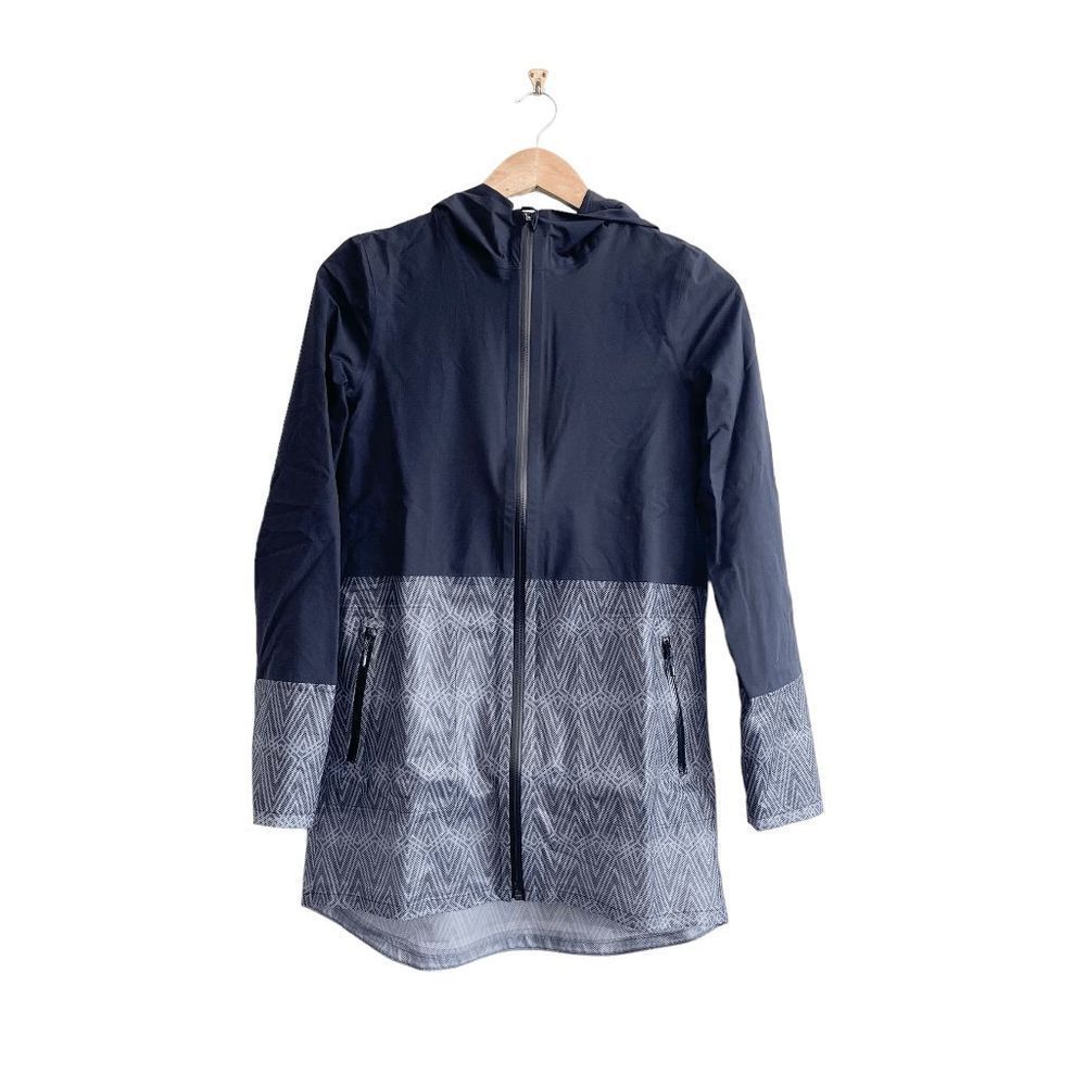 Kids Navy Hooded Rain Jacket with Geometric Print